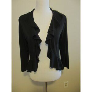 Connected Apparel Black Lace Back Ruffle Front Open Cardigan Jacket M